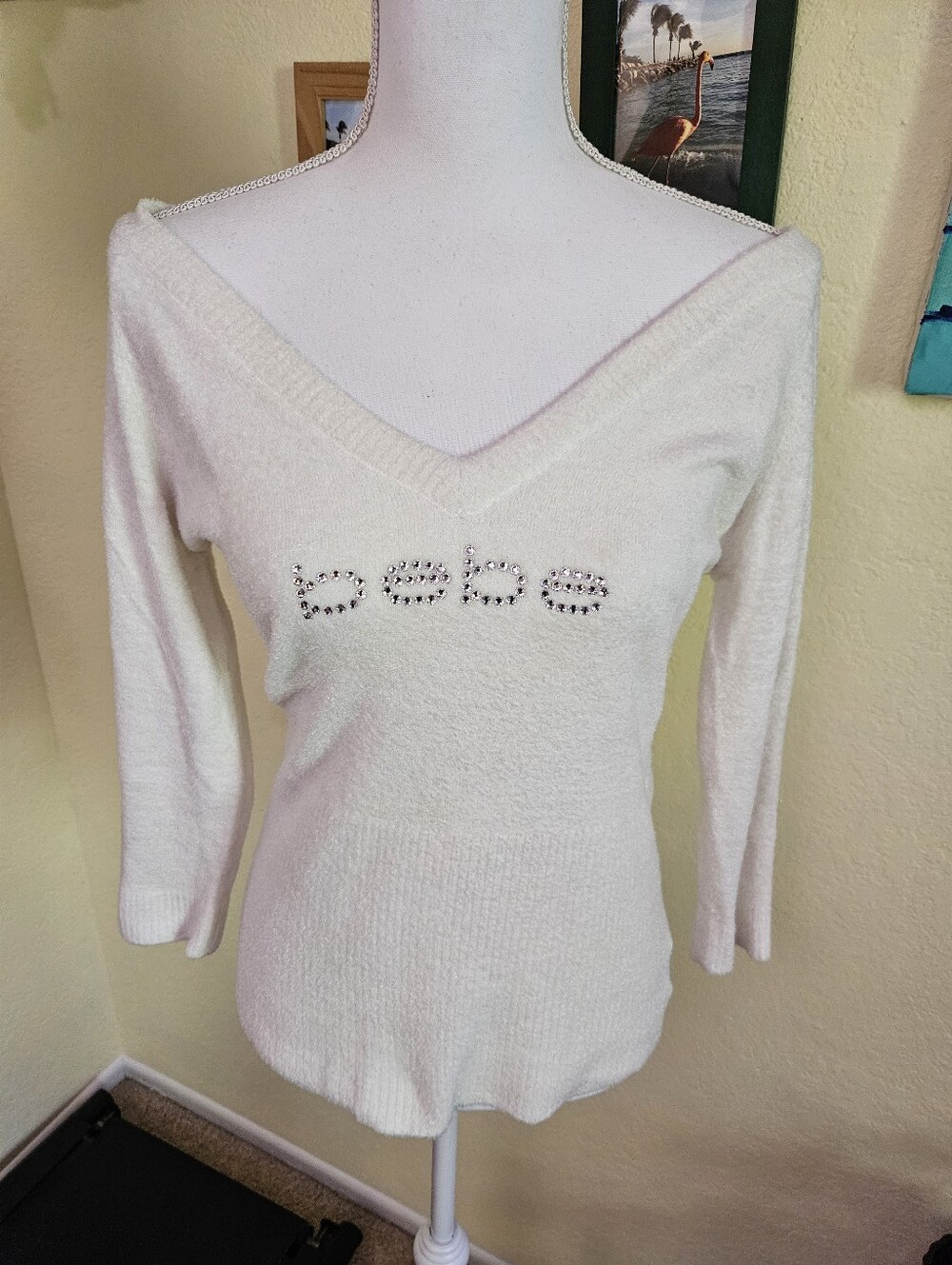 bebe Off-Shoulder White Rhinestone Logo Sweater Sz L